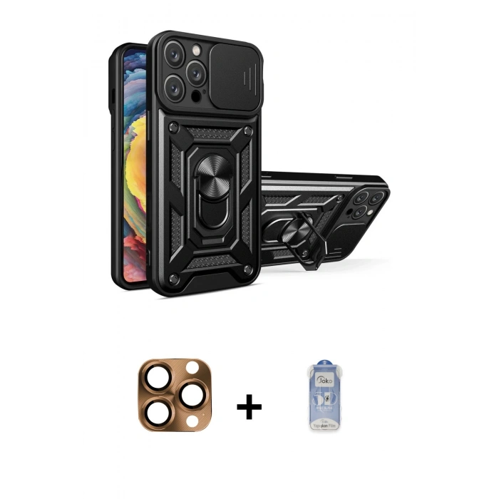 MARSİLYAN™- iPhone 16 Pro Max Kılıf Ahenk Klasik - Siyah Joko Magic 5D Cam + Pers Alüminyum Kamera Lens - CLTM