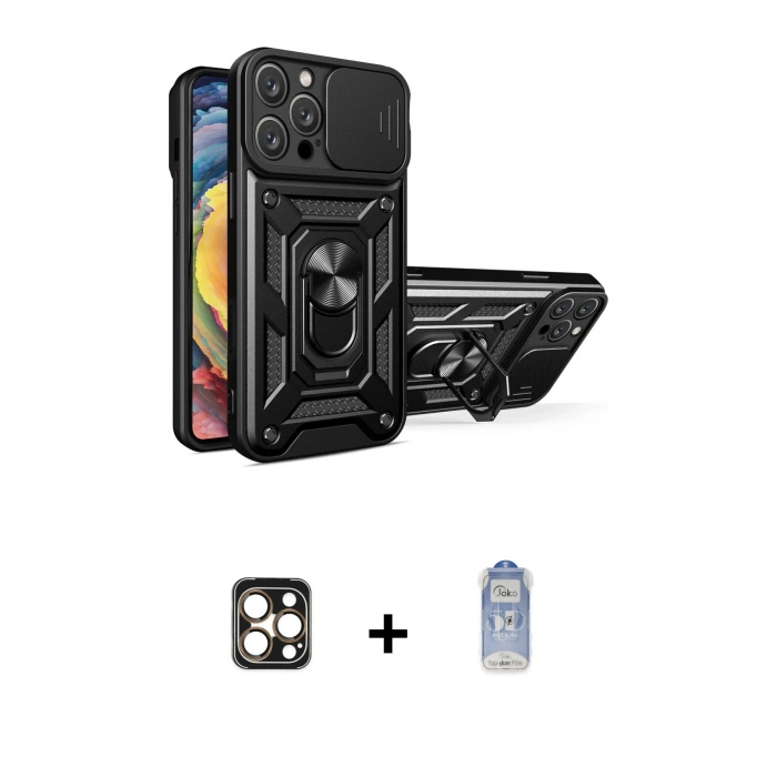 MARSİLYAN™- iPhone 16 Pro Max Kılıf Ahenk Klasik - Siyah Joko Magic 5D Cam + Gold PVD Metal Kamera Lens