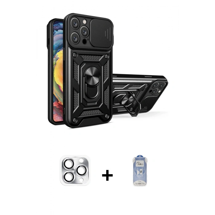 MARSİLYAN™- iPhone 16 Pro Max Kılıf Ahenk Klasik - Siyah Joko Magic 5D Cam + Gümüş Pers Alüminyum Kamera Lens