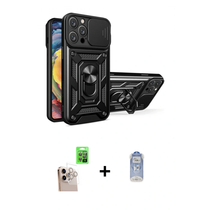 MARSİLYAN™- iPhone 16 Pro Max Kılıf Ahenk Klasik - Siyah Joko Magic 5D Cam + Raze Metal Kamera Lens - NLGY