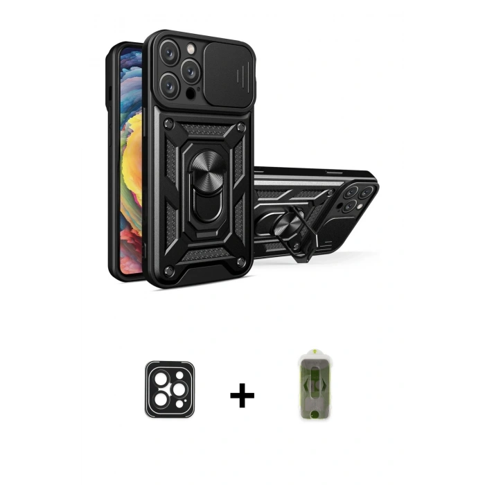 MARSİLYAN™- iPhone 16 Pro Max Kılıf Ahenk Klasik - Siyah Joko Magic 5D Hayalet Cam + PVD Metal Kamera Lens - SH