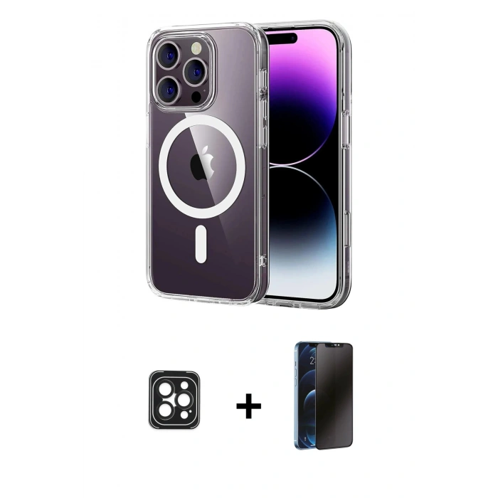 MARSİLYAN™- iPhone 16 Pro Max Kılıf Ahenk Minimal Serisi - Siyah 3D Antistatik Hayalet Cam Ekran Koruyucu + PVD Metal Kamera Lens - SH