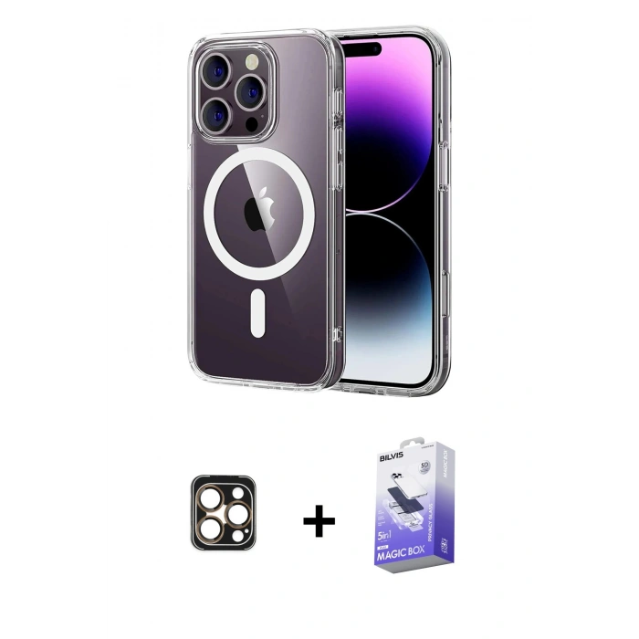 MARSİLYAN™- iPhone 16 Pro Max Kılıf Ahenk Minimal Serisi - Siyah Bilvis 5in1 5D Magic Hayalet Cam Ekran Koruyucu + Gold PVD Metal Kamera Lens