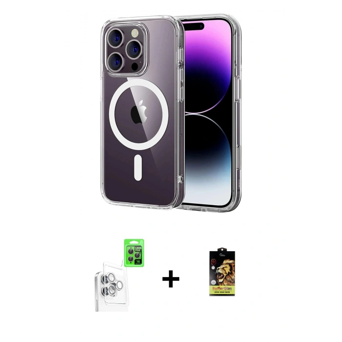 MARSİLYAN™- iPhone 16 Pro Max Kılıf Ahenk Minimal Serisi - Siyah Buffer Cam Ekran Koruyucu + Beyaz Raze Metal Kamera Lens