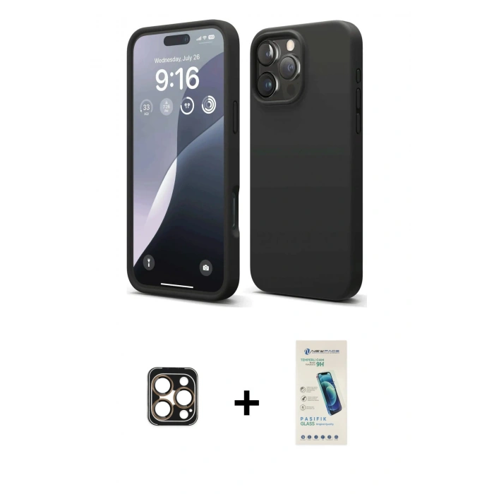 MARSİLYAN™- iPhone 16 Pro Max Kılıf Ahenk Serisi - Şeffaf Pasifik Cam Ekran Koruyucu + PVD Metal Kamera Lens - GD