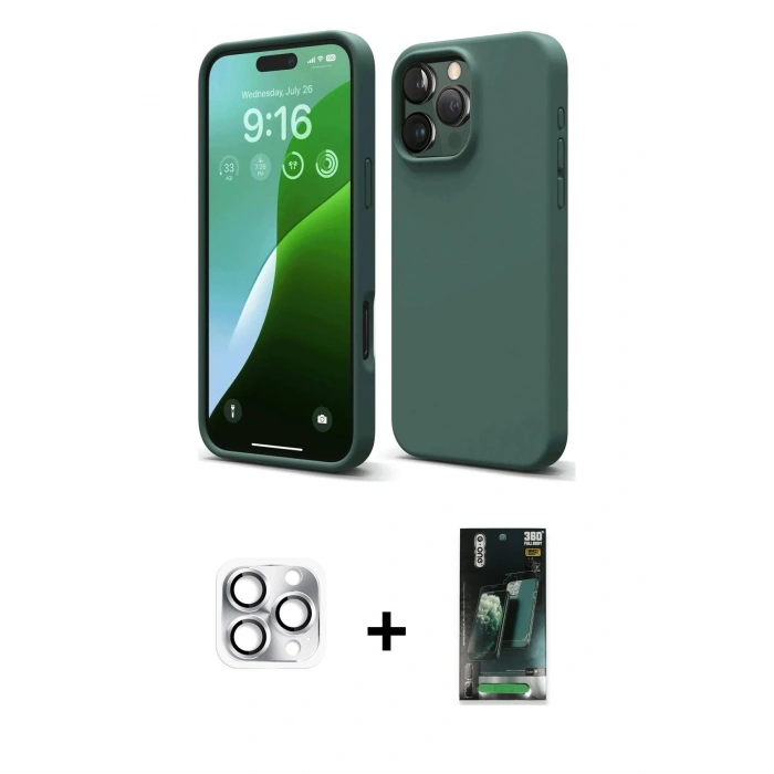 MARSİLYAN™- iPhone 16 Pro Max Kılıf Ahenk Serisi - Siyah 360 Mat Full Body Arka Koruyucu + Gümüş Pers Alüminyum Kamera Lens