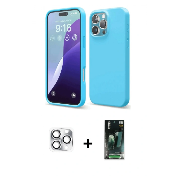 MARSİLYAN™- iPhone 16 Pro Max Kılıf Ahenk Serisi - Siyah 360 Mat Full Body Arka Koruyucu + Gümüş Pers Alüminyum Kamera Lens
