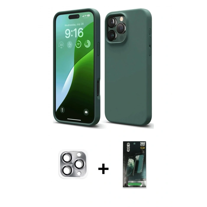 MARSİLYAN™- iPhone 16 Pro Max Kılıf Ahenk Serisi - Siyah 360 Mat Full Body Arka Koruyucu + Pers Alüminyum Kamera Lens - GI