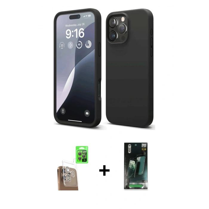 MARSİLYAN™- iPhone 16 Pro Max Kılıf Ahenk Serisi - Siyah 360 Mat Full Body Arka Koruyucu + Raze Metal Kamera Lens - CLTM