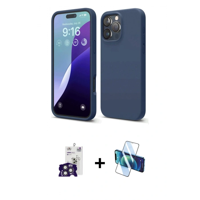 MARSİLYAN™- iPhone 16 Pro Max Kılıf Ahenk Serisi - Siyah 3D Antistatik Cam Ekran Koruyucu + Bilvis Titan Kamera Lens - TMGI