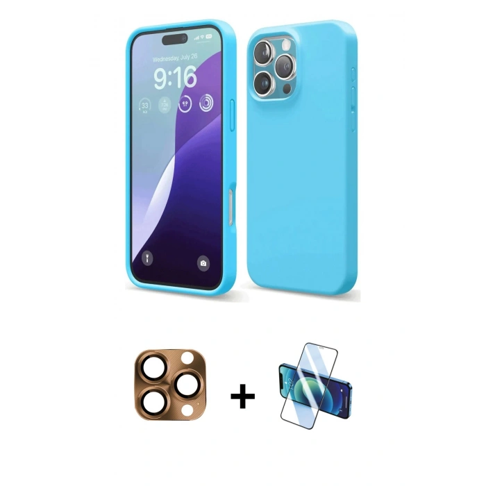 MARSİLYAN™- iPhone 16 Pro Max Kılıf Ahenk Serisi - Siyah 3D Antistatik Cam Ekran Koruyucu + Pers Alüminyum Kamera Lens - CLTM