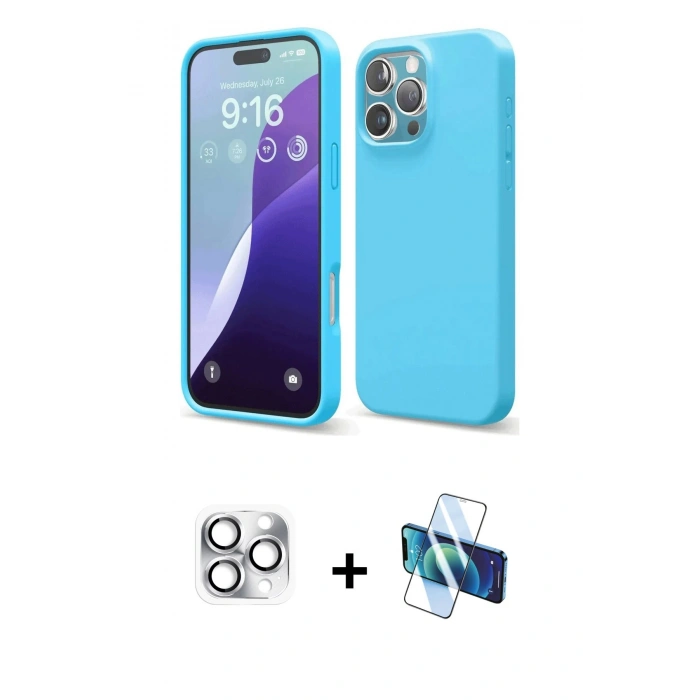 MARSİLYAN™- iPhone 16 Pro Max Kılıf Ahenk Serisi - Siyah 3D Antistatik Cam Ekran Koruyucu + Pers Alüminyum Kamera Lens - GS