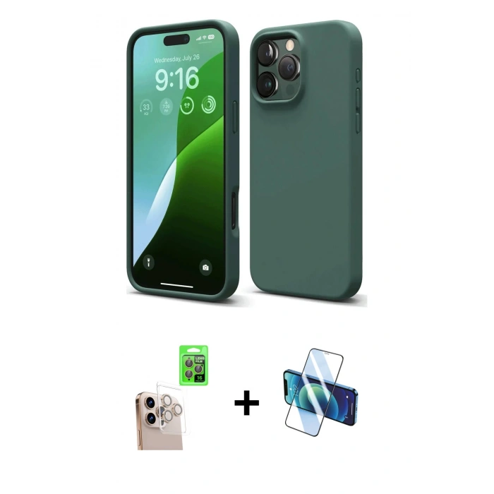 MARSİLYAN™- iPhone 16 Pro Max Kılıf Ahenk Serisi - Siyah 3D Antistatik Cam Ekran Koruyucu + Raze Metal Kamera Lens - NLGY