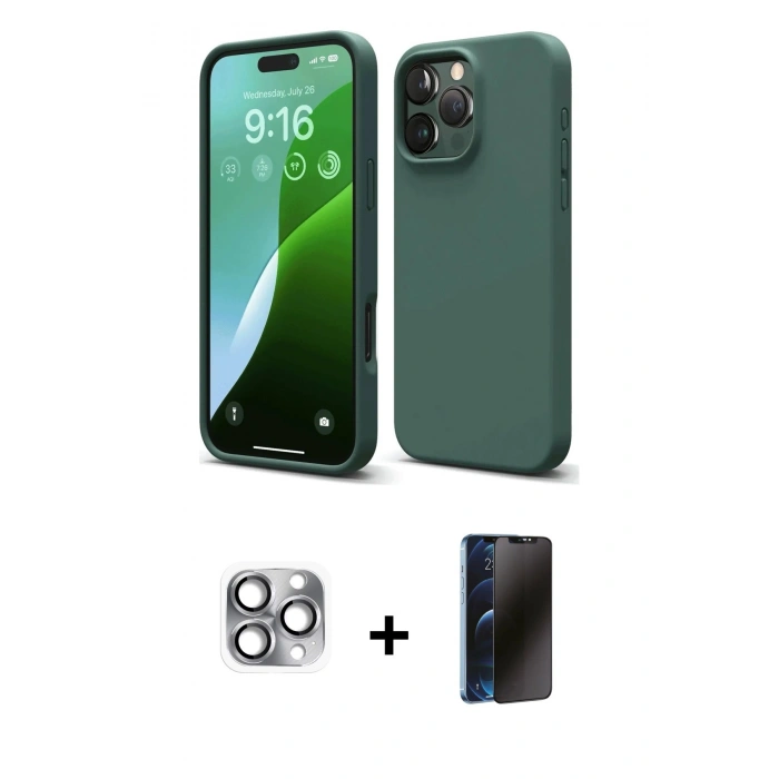 MARSİLYAN™- iPhone 16 Pro Max Kılıf Ahenk Serisi - Siyah 3D Antistatik Hayalet Cam Ekran Koruyucu + Pers Alüminyum Kamera Lens - GI