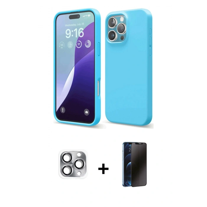 MARSİLYAN™- iPhone 16 Pro Max Kılıf Ahenk Serisi - Siyah 3D Antistatik Hayalet Cam Ekran Koruyucu + Pers Alüminyum Kamera Lens - GI