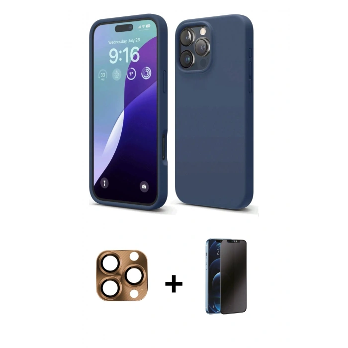MARSİLYAN™- iPhone 16 Pro Max Kılıf Ahenk Serisi - Siyah 3D Antistatik Hayalet Cam Ekran Koruyucu + Pers Alüminyum Kamera Lens - CLTM