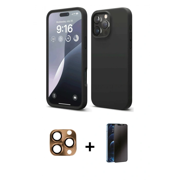 MARSİLYAN™- iPhone 16 Pro Max Kılıf Ahenk Serisi - Siyah 3D Antistatik Hayalet Cam Ekran Koruyucu + Pers Alüminyum Kamera Lens - CLTM