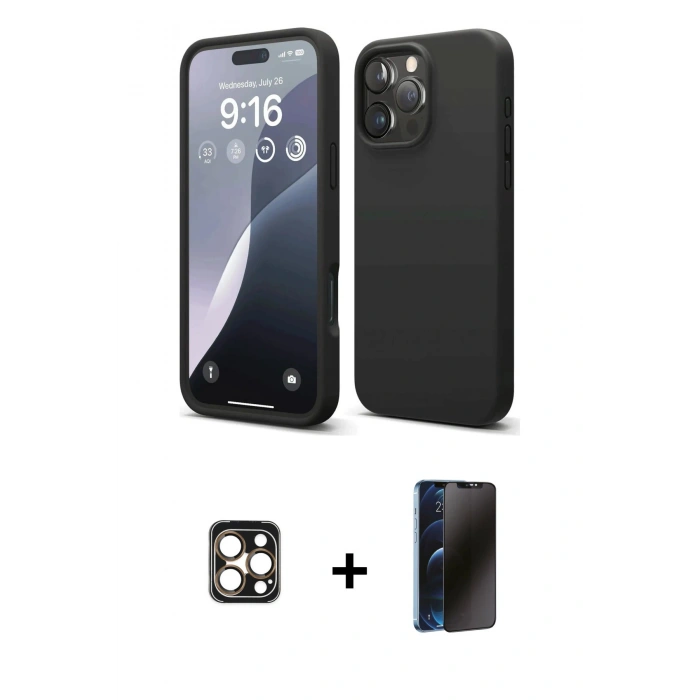 MARSİLYAN™- iPhone 16 Pro Max Kılıf Ahenk Serisi - Siyah 3D Antistatik Hayalet Cam Ekran Koruyucu + PVD Metal Kamera Lens - GD