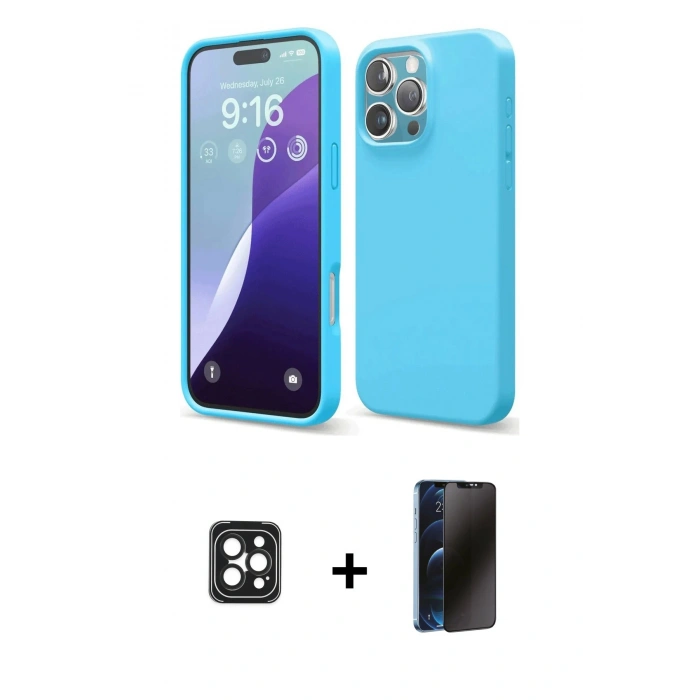 MARSİLYAN™- iPhone 16 Pro Max Kılıf Ahenk Serisi - Siyah 3D Antistatik Hayalet Cam Ekran Koruyucu + PVD Metal Kamera Lens - SH