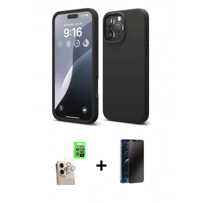MARSİLYAN™- iPhone 16 Pro Max Kılıf Ahenk Serisi - Siyah 3D Antistatik Hayalet Cam Ekran Koruyucu + Raze Metal Kamera Lens - NLGY