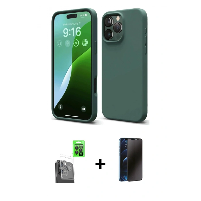 MARSİLYAN™- iPhone 16 Pro Max Kılıf Ahenk Serisi - Siyah 3D Antistatik Hayalet Cam Ekran Koruyucu + Raze Metal Kamera Lens - SH