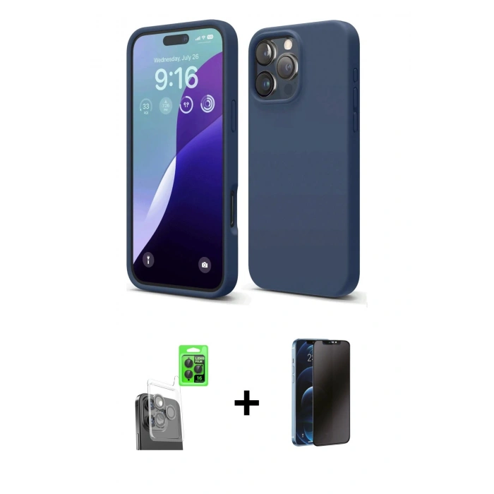 MARSİLYAN™- iPhone 16 Pro Max Kılıf Ahenk Serisi - Siyah 3D Antistatik Hayalet Cam Ekran Koruyucu + Raze Metal Kamera Lens - SH