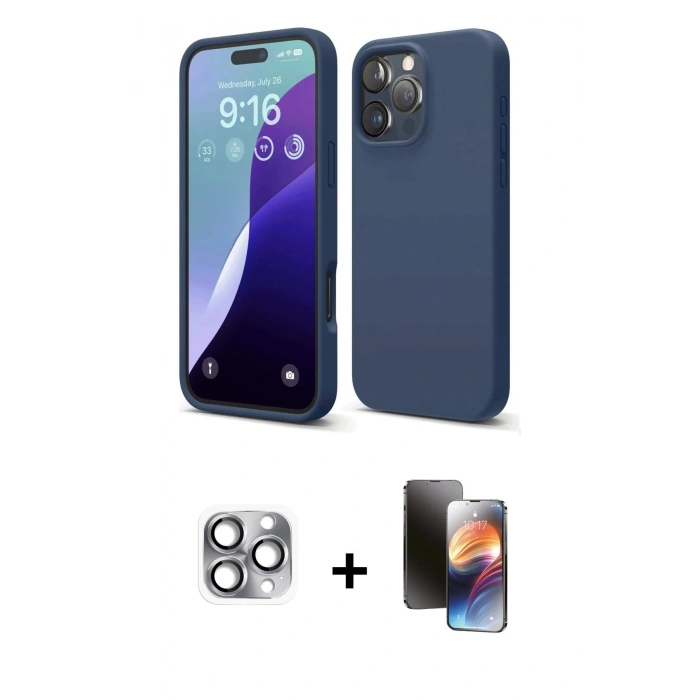 MARSİLYAN™- iPhone 16 Pro Max Kılıf Ahenk Serisi - Siyah 3D Antistatik Mat Seramik Nano Ekran Koruyucu + Pers Alüminyum Kamera Lens - GI