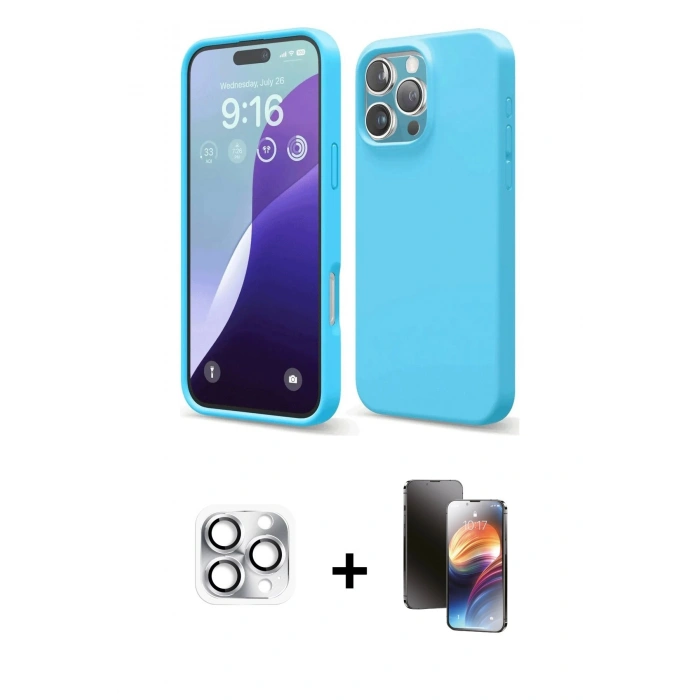 MARSİLYAN™- iPhone 16 Pro Max Kılıf Ahenk Serisi - Siyah 3D Antistatik Mat Seramik Nano Ekran Koruyucu + Gümüş Pers Alüminyum Kamera Lens