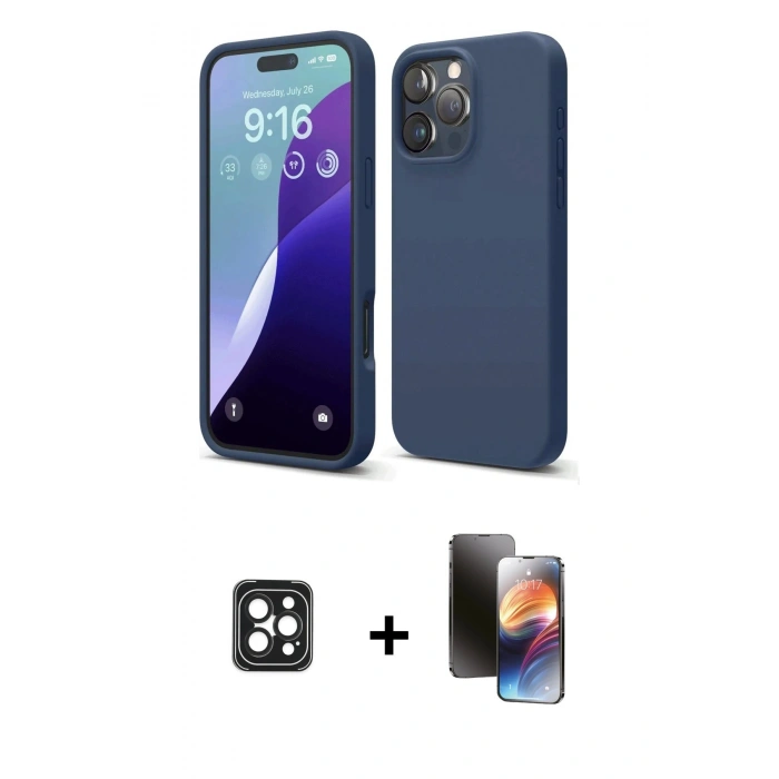 MARSİLYAN™- iPhone 16 Pro Max Kılıf Ahenk Serisi - Siyah 3D Antistatik Mat Seramik Nano Ekran Koruyucu + PVD Metal Kamera Lens - SH