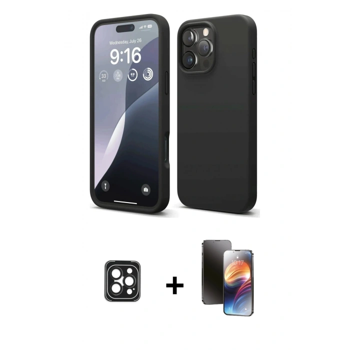 MARSİLYAN™- iPhone 16 Pro Max Kılıf Ahenk Serisi - Siyah 3D Antistatik Mat Seramik Nano Ekran Koruyucu + PVD Metal Kamera Lens - SH