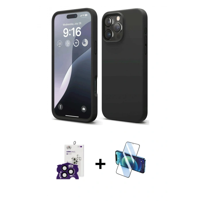 MARSİLYAN™- iPhone 16 Pro Max Kılıf Ahenk Serisi - Siyah 3D Antistatik Seramik Nano Ekran Koruyucu + Bilvis Titan Kamera Lens - SH