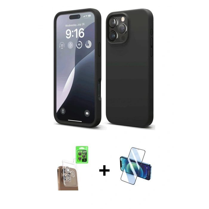 MARSİLYAN™- iPhone 16 Pro Max Kılıf Ahenk Serisi - Siyah 3D Antistatik Seramik Nano Ekran Koruyucu + Çöl Titanyum Raze Metal Kamera Lens