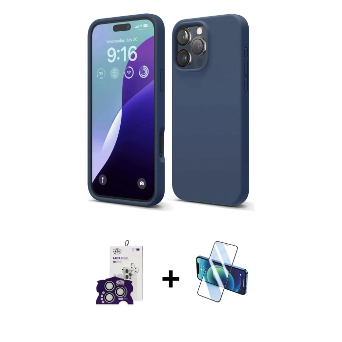MARSİLYAN™- iPhone 16 Pro Max Kılıf Ahenk Serisi - Siyah 3D Antistatik Seramik Nano Ekran Koruyucu + Gümüş Bilvis Titan Kamera Lens