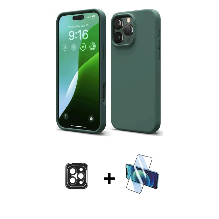 MARSİLYAN™- iPhone 16 Pro Max Kılıf Ahenk Serisi - Siyah 3D Antistatik Seramik Nano Ekran Koruyucu + PVD Metal Kamera Lens - SH