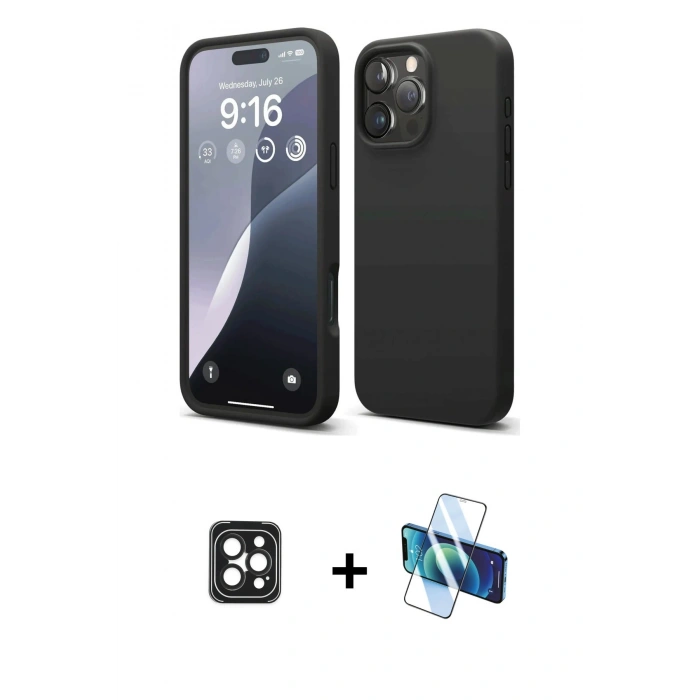 MARSİLYAN™- iPhone 16 Pro Max Kılıf Ahenk Serisi - Siyah 3D Antistatik Seramik Nano Ekran Koruyucu + PVD Metal Kamera Lens - SH