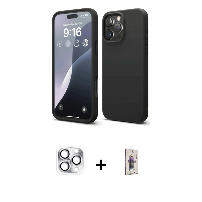 MARSİLYAN™- iPhone 16 Pro Max Kılıf Ahenk Serisi - Siyah Bilvis 3D Cam Ekran Koruyucu + Pers Alüminyum Kamera Lens - GS