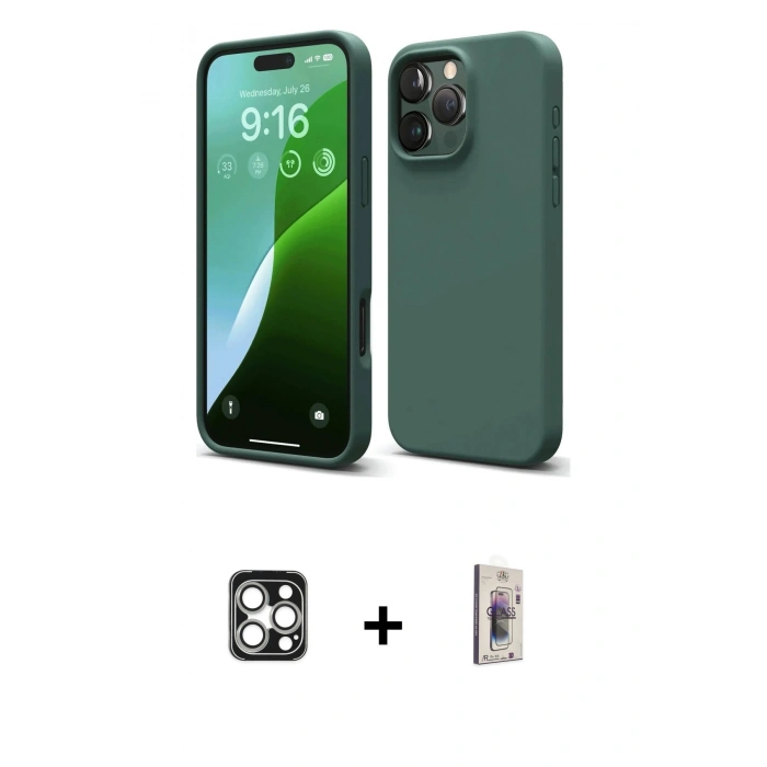 MARSİLYAN™- iPhone 16 Pro Max Kılıf Ahenk Serisi - Siyah Bilvis 3D Cam Ekran Koruyucu + PVD Metal Kamera Lens - GS