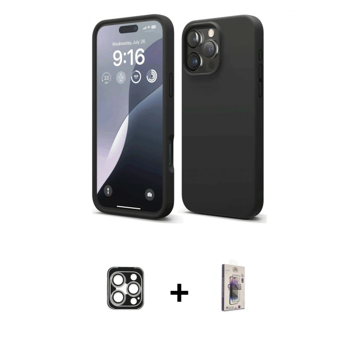 MARSİLYAN™- iPhone 16 Pro Max Kılıf Ahenk Serisi - Siyah Bilvis 3D Cam Ekran Koruyucu + PVD Metal Kamera Lens - GS