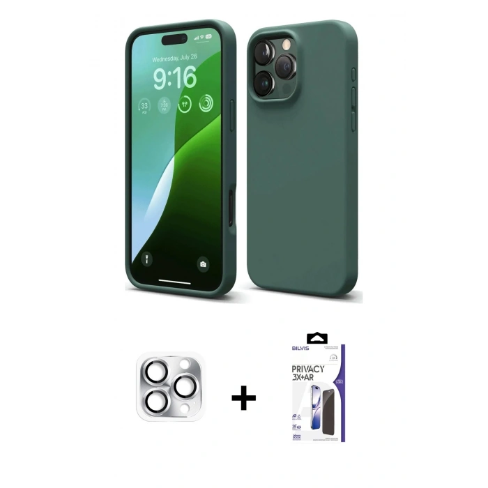MARSİLYAN™- iPhone 16 Pro Max Kılıf Ahenk Serisi - Siyah Bilvis 3X AR Hayalet Cam Ekran Koruyucu + Pers Alüminyum Kamera Lens - GS