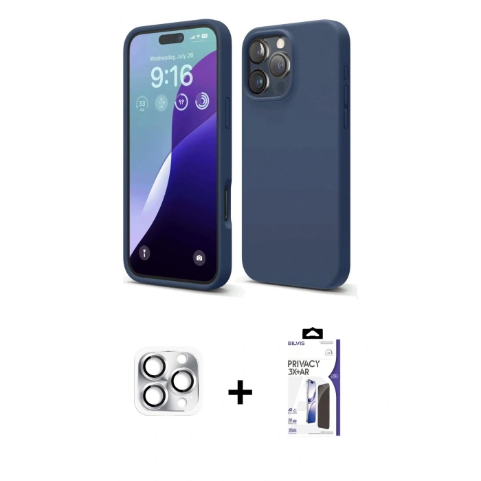 MARSİLYAN™- iPhone 16 Pro Max Kılıf Ahenk Serisi - Siyah Bilvis 3X AR Hayalet Cam Ekran Koruyucu + Pers Alüminyum Kamera Lens - GS