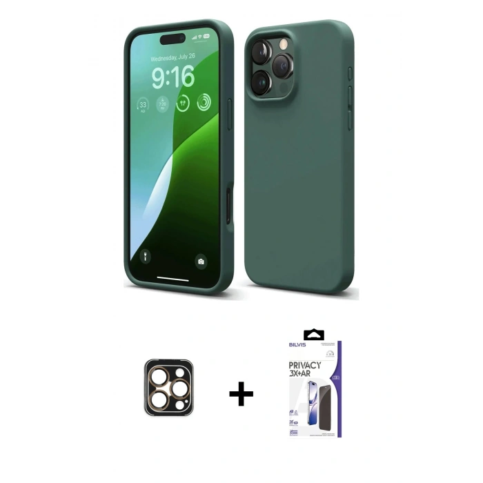 MARSİLYAN™- iPhone 16 Pro Max Kılıf Ahenk Serisi - Siyah Bilvis 3X AR Hayalet Cam Ekran Koruyucu + PVD Metal Kamera Lens - GD