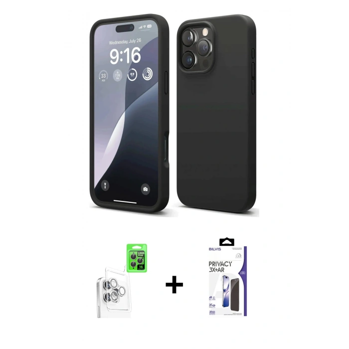 MARSİLYAN™- iPhone 16 Pro Max Kılıf Ahenk Serisi - Siyah Bilvis 3X AR Hayalet Cam Ekran Koruyucu + Raze Metal Kamera Lens - BZ