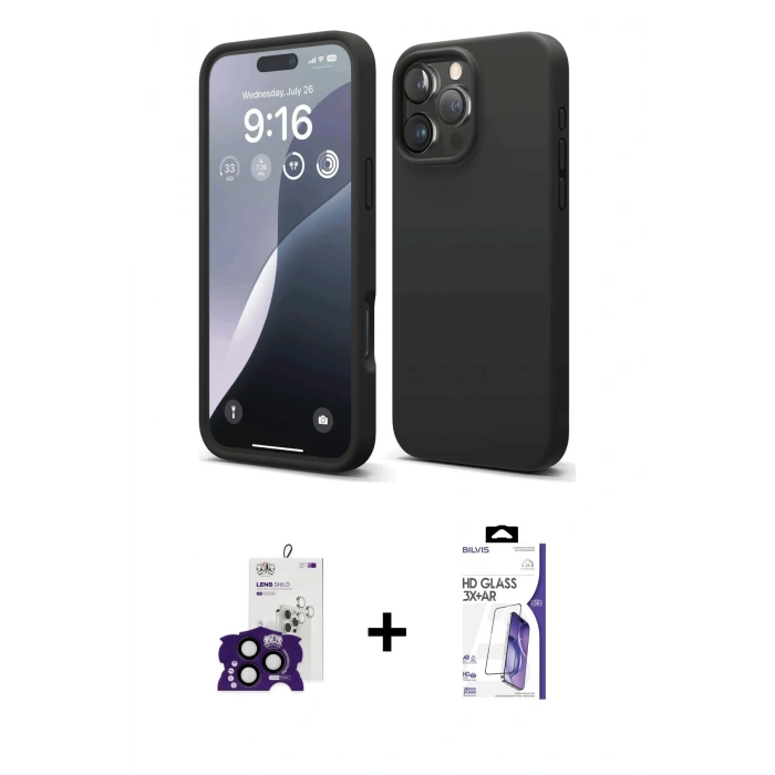 MARSİLYAN™- iPhone 16 Pro Max Kılıf Ahenk Serisi - Siyah Bilvis 3X AR HD Cam Ekran Koruyucu + Bilvis Titan Kamera Lens - SH