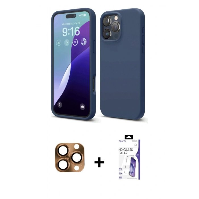 MARSİLYAN™- iPhone 16 Pro Max Kılıf Ahenk Serisi - Siyah Bilvis 3X AR HD Cam Ekran Koruyucu + Pers Alüminyum Kamera Lens - CLTM