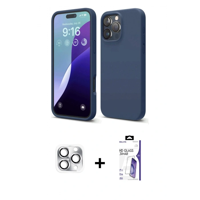MARSİLYAN™- iPhone 16 Pro Max Kılıf Ahenk Serisi - Siyah Bilvis 3X AR HD Cam Ekran Koruyucu + Pers Alüminyum Kamera Lens - GS