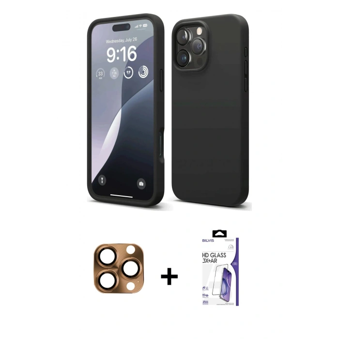 MARSİLYAN™- iPhone 16 Pro Max Kılıf Ahenk Serisi - Siyah Bilvis 3X AR HD Cam Ekran Koruyucu + Pers Alüminyum Kamera Lens - CLTM