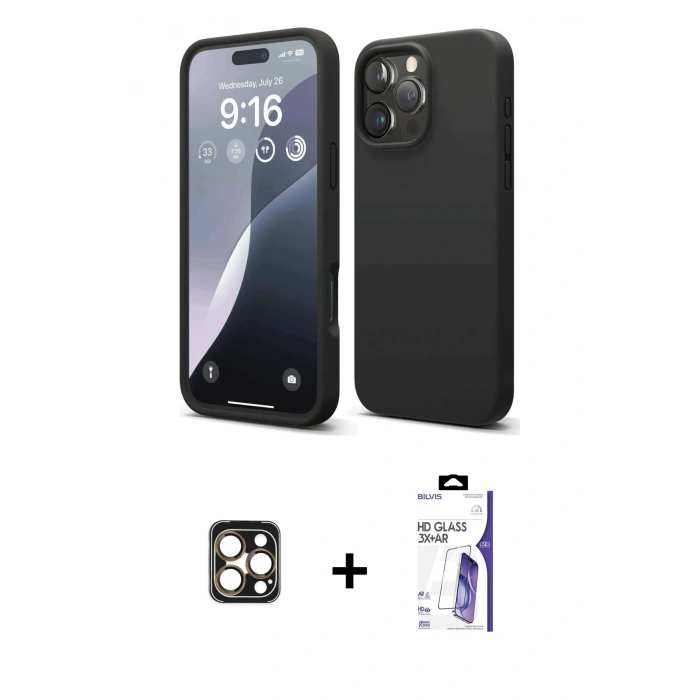 MARSİLYAN™- iPhone 16 Pro Max Kılıf Ahenk Serisi - Siyah Bilvis 3X AR HD Cam Ekran Koruyucu + PVD Metal Kamera Lens - GD