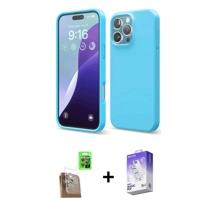 MARSİLYAN™- iPhone 16 Pro Max Kılıf Ahenk Serisi - Siyah Bilvis 5in1 3D Magic Cam Ekran Koruyucu + Raze Metal Kamera Lens - CLTM