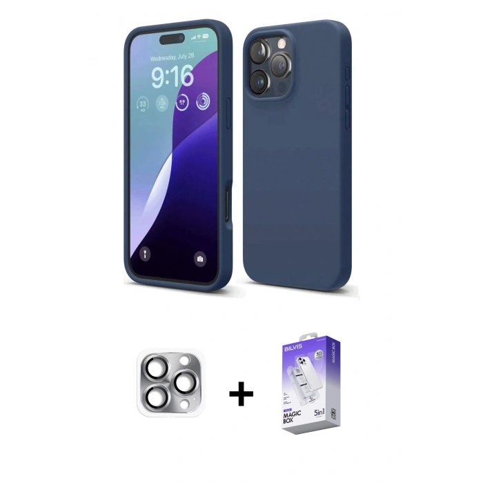 MARSİLYAN™- iPhone 16 Pro Max Kılıf Ahenk Serisi - Siyah Bilvis 5in1 3D Magic Cam Ekran Koruyucu + Pers Alüminyum Kamera Lens - GI