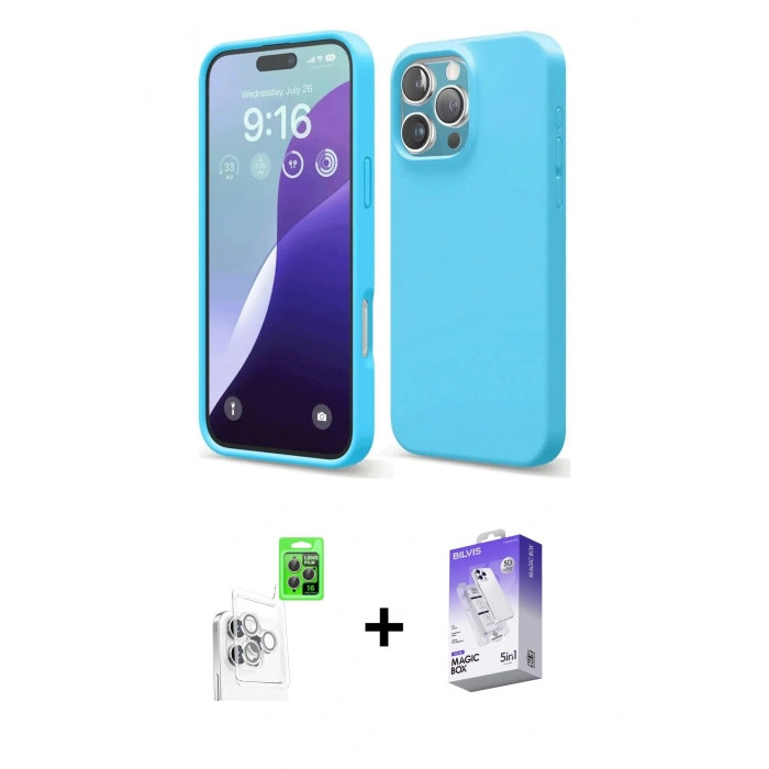 MARSİLYAN™- iPhone 16 Pro Max Kılıf Ahenk Serisi - Siyah Bilvis 5in1 3D Magic Cam Ekran Koruyucu + Raze Metal Kamera Lens - BZ
